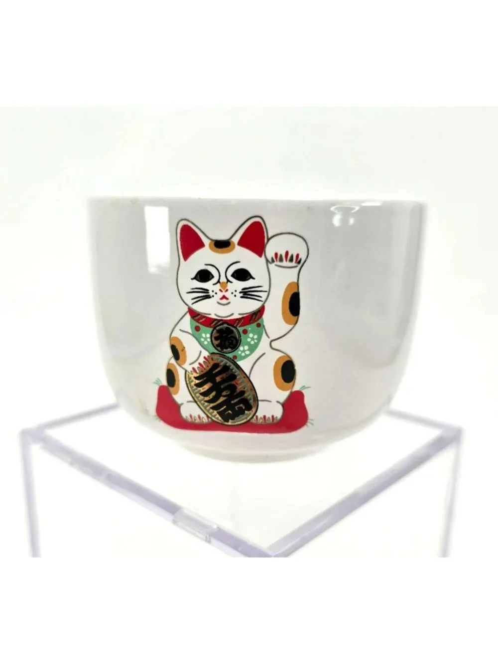 Vintage Japanese Lucky Cat Ceramic Bow Cup For Tea or Rice je195